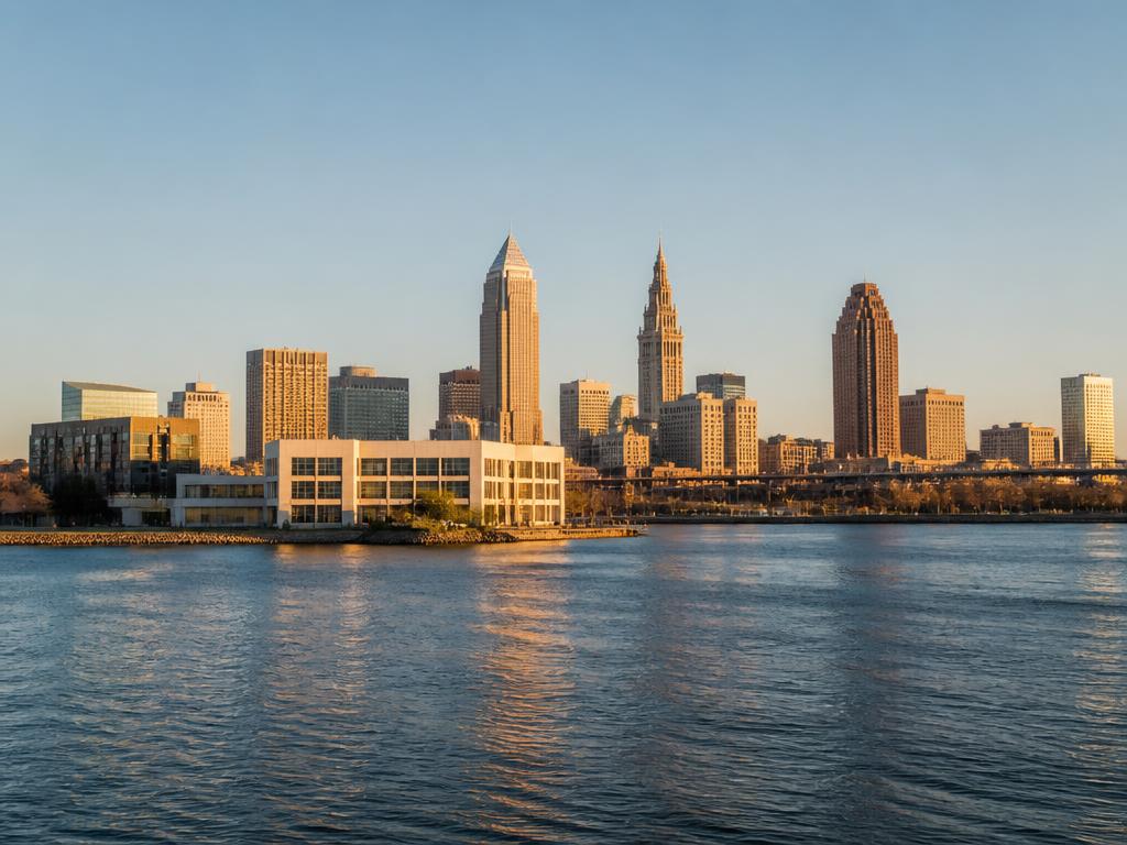 Downtown Cleveland, Ohio skyline over Lake Erie
