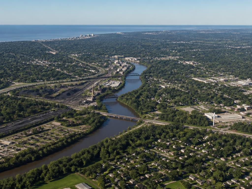 Aerial view of the Cuyahoga River valley in Cuyahoga County, Ohio